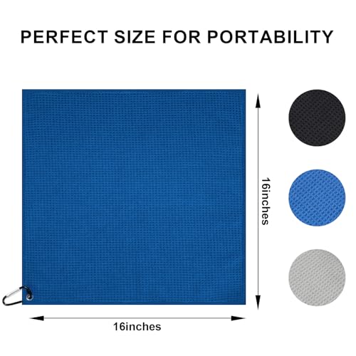 Pro 3 Pack Golf Towels (16"x16"), Durable Microfiber Golf Towels with Hook and Loop Fastener, Premium Essential Accessories for Golf Bag for Men(Gray, Blue, Black)