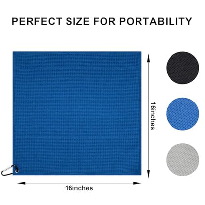 Pro 3 Pack Golf Towels (16"x16"), Durable Microfiber Golf Towels with Hook and Loop Fastener, Premium Essential Accessories for Golf Bag for Men(Gray, Blue, Black)