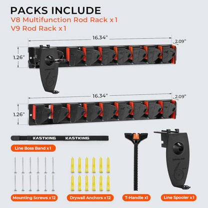 KastKing GravityLock Fishing Rod Holder, V8 & V9 2-Pack Wall Mounted Fishing Rod Rack, Holds up to 17 Fishing Rods or Combos, Universal Rod Storage System, Heavy-Duty Grip, Built-in Line Spooler - style: D:V8 & V9 (Store 17 Combos) - 2 Packs