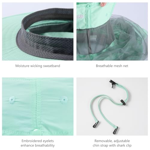 BASSDASH UPF 50+ Mosquito Sun Hat with Hidden Head Net and Neck Flap for Men Women Outdoor Fishing Hiking Camping - color: Pastel Teal