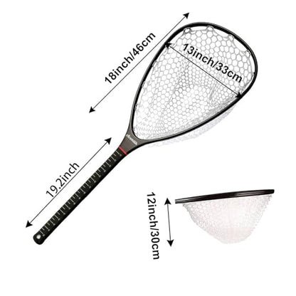 Aventik Fly Floating Fishing Net Carbon Fiber Landing Trout Net Light Weight Clear Rubber Ghost Net Catch & Release - color: ONLY Long Handle Black Net