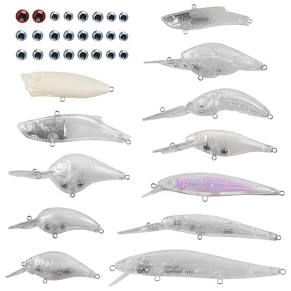 Blank Fishing Lure Kit,Unpainted Popper Plug Lures DIY Crank Bait Set Fishing Pliers Treble Hooks 3D/4D Lure Eyes Bait Sticker Split Rings,Fish Tackle Accessories Kits - color: Lure Kit-12pcs