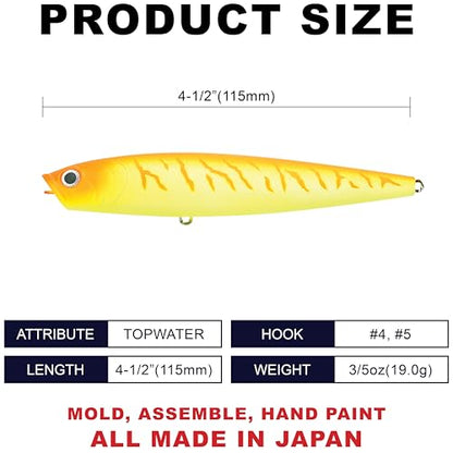 LUCKY CRAFT Gunfish 115NF Top Water Bass Fishing Lures, 4.5” Floating Lure with Cupped Mouth, Freshwater Trout and Bass Lures Fishing Gear, Accessories for Tackle Box - color: 385 JP Orange Tiger