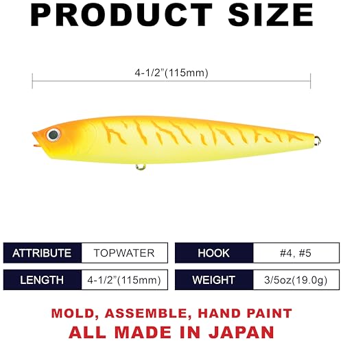 LUCKY CRAFT Gunfish 115NF Top Water Bass Fishing Lures, 4.5” Floating Lure with Cupped Mouth, Freshwater Trout and Bass Lures Fishing Gear, Accessories for Tackle Box - color: 385 JP Orange Tiger