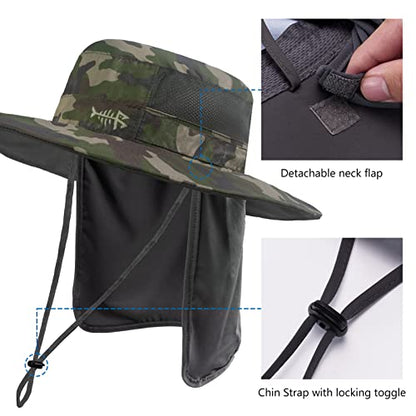 BASSDASH UPF 50+ Sun Fishing Hat Water Resistant with Detachable Neck Flap - color: Army Green Camo