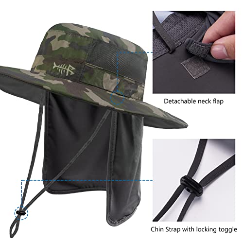 BASSDASH UPF 50+ Sun Fishing Hat Water Resistant with Detachable Neck Flap - color: Army Green Camo - Big Head Size