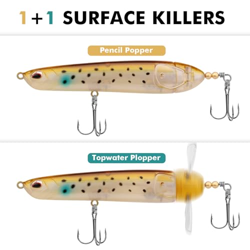 TRUSCEND Popobait Easy Catch Fishing Lures with BKK Hooks, Instant Startup, Longer Cast, Balanced Spray/Sound/Swim, Plopper Topwater Lures for Bass, Trout, Pike, Walleye, Freshwater Saltwater Fishing - color: C2-4",0.56oz