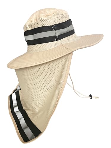 Men's Wide Brim Boonie Bucket Sun Hat with Neck Flap, High Visibility Reflective Stripes, UV Protection - color: Light Khaki