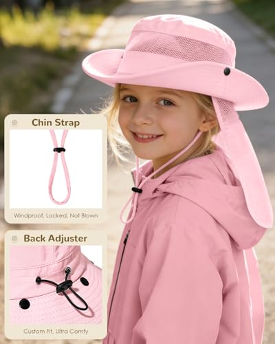 Century Star Kids Sun Hat with Detachable Neck Flap,UPF 50+ Windproof Waterproof Beach Bucket Hat Outdoor Fishing Safari - color: Light Pink
