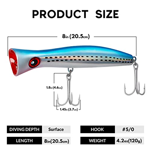 THKFISH Topwater Saltwater Fishing Lures GT Popper with 3X Strong Hook, Surf Fishing 1pc / 3pcs - color: 3pcs 3Colors (BlueLaser+RedLaser + Pink)