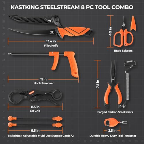 KastKing SteelStream 8pc Fishing Tool Kit - Fishing Pliers with Lanyard, Fillet Knife, Floating Fish Lip Gripper, Fishing Braid Scissors, Tool Retractor, Fishing Hook Remover, Bungee Cords