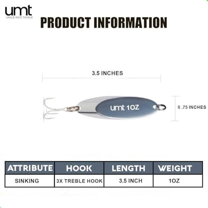 UMT Chrome Fishing Spoon Lure 3/4oz,1oz, 2oz – Sharp 3/0 Treble Hook for Freshwater & Saltwater Bluefish, Trout, Steelhead 1, 5, 10 Pack Options - size: 1 Pack