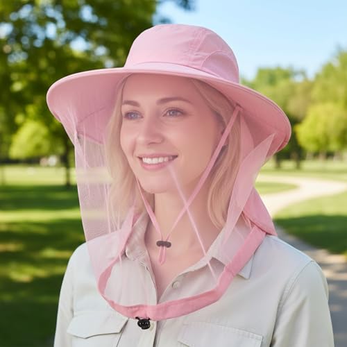 Mosquito Fishing Safari Mesh Net Hat with Neck Flap, Sun Protection Women Men Bug Cap, Hidden Netting Boonie - color: Light Pink