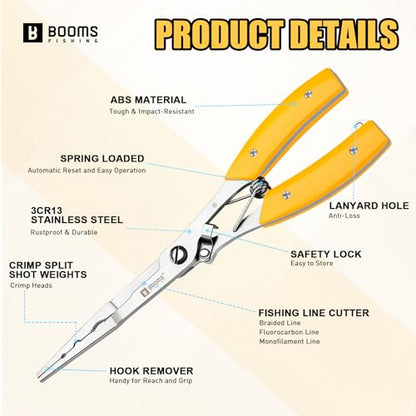 Booms Fishing Hook Remover Pliers, Long Nose, Braid Cutter, Lanyard, Yellow | Slim Long Nose Helps Reach Deep Hooks With Better Control When Handling Panfish, Trout, Bass and Other Small to Medium Fish - color: Yellow