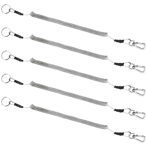 5 Pcs Fishing Lanyard, 79 in / 2 m Retractable Fishing Lanyard with Metal Buckle, TPU Coated Steel Wire, Heavy Duty Spring Coil Lanyard for Fishing Tools, Black