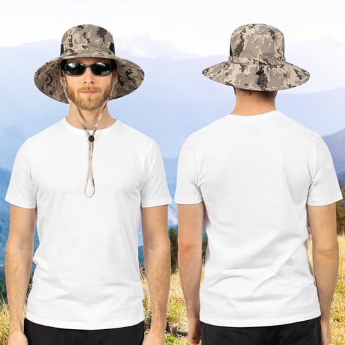 SUN CUBE Wide Brim Sun Hat for Men & Women, UPF 50+ UV Protection, Mesh Boonie Hat with Chin Strap, Fishing Hiking Hat - color: Tan