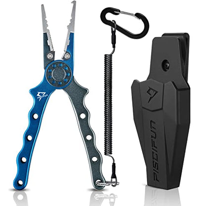 Piscifun Saltwater Fishing Pliers, Aluminum, Split Ring, Braid Cutter | Hook remover, tungsten carbide blade, spring-loaded jaws, ergonomic grip, sheath and lanyard - color: Blue, style: Rubber Sheath