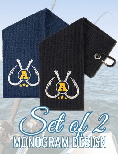 Embroidered Fishing Towels with Clip, Personalized Microfiber Towel Accessories for Fishing Lovers, 16x16 Inches, Pack of 2, Initial A - color: A