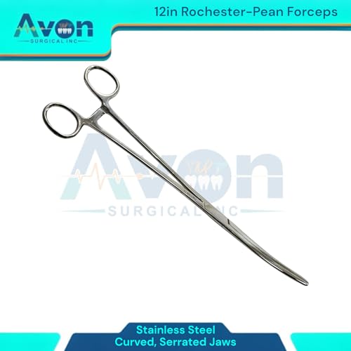12inch Rochester-Pean Hemostat Forceps, Curved with Serrated Jaws - Lock-Ratcheting - Multi-Use, for Fishing, Veterinary, Crafts, and More - Stainless Steel (1 Each)