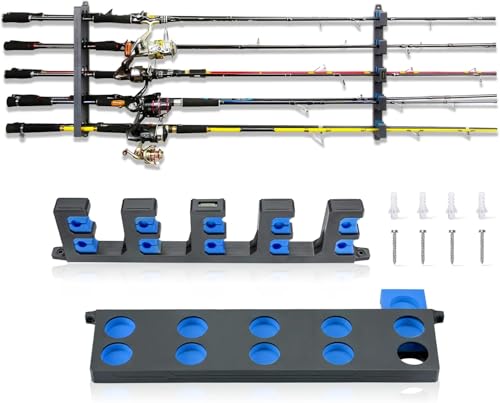 Booms Fishing Rod Holder for Garage: Wall Mount Fishing Pole Holders for Garage | Fishing Rod Rack Holds Up to 10 Rods, Vertical/Horizontal/Ceiling Fishing Pole Racks, WV4 Gray + Blue - color: Gray + Blue