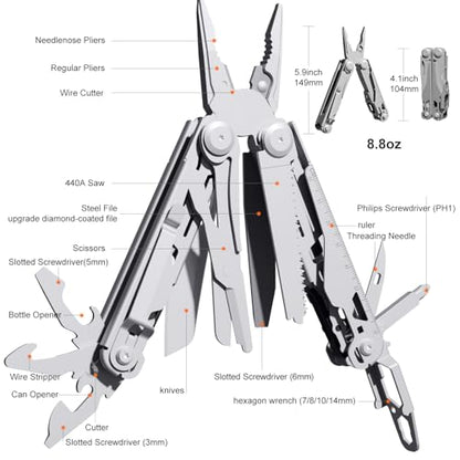 PERWIN Multitool Stainless Steel Multi-Tool Pliers 22-in-1 with Safety Locking, Pocket Knife, Bottle Opener, EDC Equipment With Pocket Clip for Survival, Camping, Hunting and Hiking. - color: Silver, size: 22 in 1