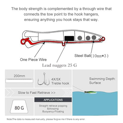 Popper Fishing Lure, JAZALIC 1 PCS Topwater Popper Lures 3D Eyes Fishing Accessories for Saltwater Surface Casting and Freshwater Gt Tuna Kingfish Large Predator Fish (6.3in, 2.82Oz) - color: Black