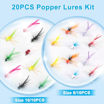 Fly Fishing Poppers Flies, Fly Popper Lures Bass Bluegill Crappie Trout Salmon Panfish Perch Popper Flies Kit for Fly Fishing - color: 20pcs Fly Fishing Poppers
