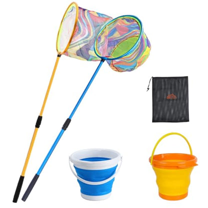 Fishing Nets with Bucket Fishing Retractable Landing Net Lightweight Aluminum Pole with Non-Slip Handle for Catch and Release and Release Frogs Butterfly Youth Outdoor - style: Blue+green