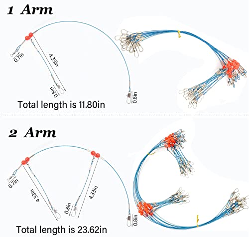 YOTO Fishing Leaders,Stainless Steel Tackle Rig with Tackle Lure Swivels Snaps, Saltwater rig Wire Leader Fishing Leader Wire Bottom rigs for Saltwater - color: Blue Fishing Leaders, style: 1arm+2arm-24pcs