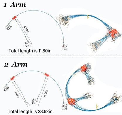 YOTO Fishing Leaders,Stainless Steel Tackle Rig with Tackle Lure Swivels Snaps, Saltwater rig Wire Leader Fishing Leader Wire Bottom rigs for Saltwater - color: Blue Fishing Leaders, style: 1arm+2arm-24pcs