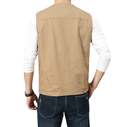 PRIJOUHE Men's Casual Outdoor Cotton Vest Lightweight Breathable Multi-Pocket Fishing Safari Travel Vests Outwear - color: 02-khaki, size: Large