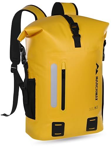 MARCHWAY Roll Top Waterproof Backpack, Floating Dry Bag 20L/30L/45L with Ergonomic Rectangular Base, Cushioned Back, Hip Strap for Hiking Camping Kayaking Travel (Yellow, 30L) - color: Yellow, size: 30L