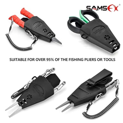 SAMSFX Aluminum Fishing Pliers Hook Remover Braid Line Cutter with Coiled Lanyard, Fly Fishing Knot Tying Tool & Retractors - color: 7'' Split Ring Nose, Gray & Red Handle