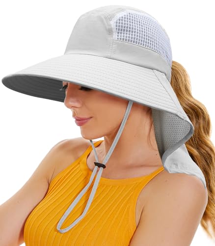 Sun Hats for Women UV Protection with Neck Flap Wide Brim Beach Hats with Ponytail Hole for Hiking Fishing Gardening Travel - color: Light Grey