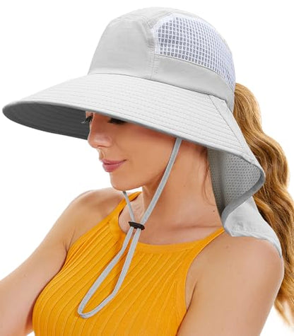 Sun Hats for Women UV Protection with Neck Flap Wide Brim Beach Hats with Ponytail Hole for Hiking Fishing Gardening Travel - color: Light Grey