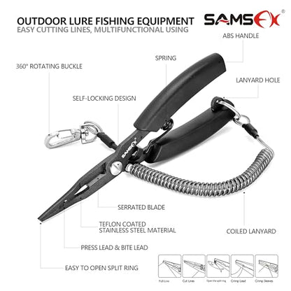 SAMSFX Locking Fishing Pliers Saltwater Resistant Teflon Coated Briad Line Cutters with Wire Coiled Lanyard, Sheath & Quick Knot Tool Combo - color: Black Color