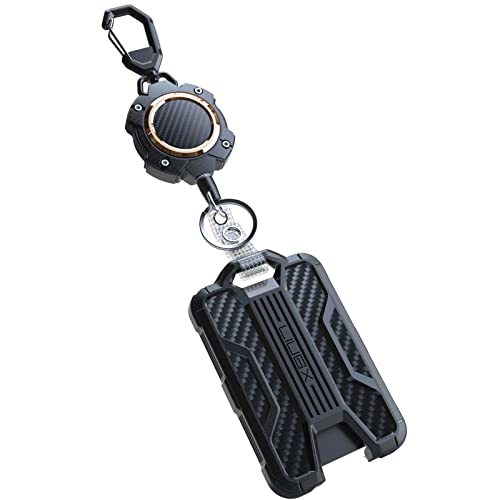 LIUGX Retractable Badge Holders, Heavy Duty Carabiner Keychain,Durable ID Card Holder (Holds 4 Cards), Carbon Fiber-Texture, with 31.5”Badge Reel Key Chain, 10,000+ Rebound, Gold-Black - color: Gold