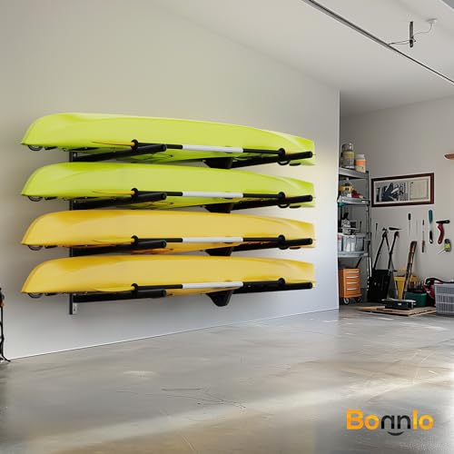 Bonnlo Kayak Storage Rack, Adjustable Heavy Duty Kayak Rack for Kayaks Paddle Boards, Kayak Paddle Holder for Garage, Spacesaver, Gentle on Padding, Boat Organizer - style: 4 Kayaks, Wall Mount