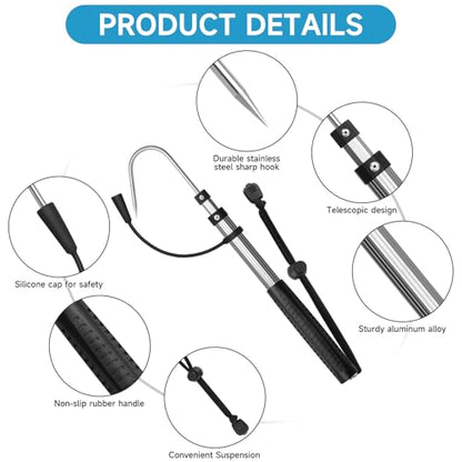 SANLIKE Telescopic Fishing Gaff, Aluminum Pole, Stainless Steel M8 Hook | Ultralight 4.62oz aluminum telescopic gaff (11.4"-24") with nonslip rubber handle, sharp stainless hook & safety lanyard - color: Grey, size: 60cm