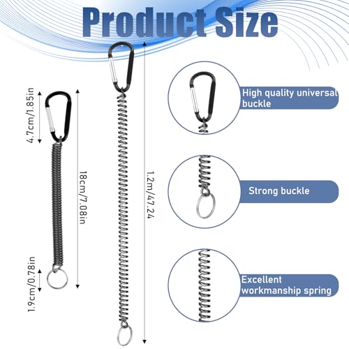 Fishing Lanyards, 10 Pcs Heavy Duty Retractable Coiled Lanyard Spring Coil Cord Keychain, Fishing Tool Tether Steel Wire Coiled Lanyard with Keychain for Pliers Boating Kayak Pliers Boating, Black