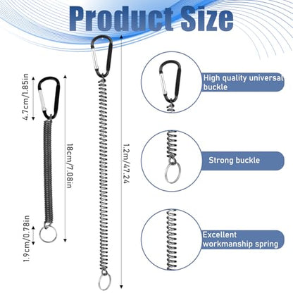Fishing Lanyards, 10 Pcs Heavy Duty Retractable Coiled Lanyard Spring Coil Cord Keychain, Fishing Tool Tether Steel Wire Coiled Lanyard with Keychain for Pliers Boating Kayak Pliers Boating, Black