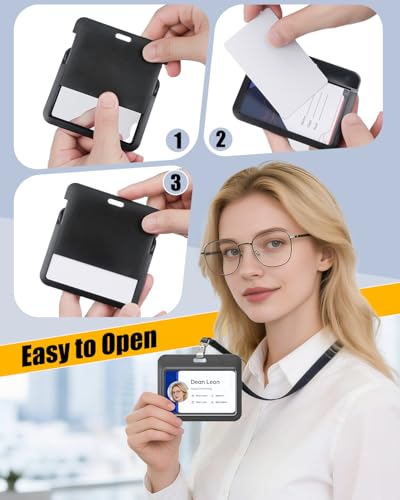 Uniclife 3 Pack Sliding ID Badge Holder Black Horizontal Hard Plastic Case with Clear Window Card Protector Pouch for Office School ID Credit Cards Proximity Key Cards Driver’s Licenses and Passes | Hard black sliding horizontal case with clear window pro
