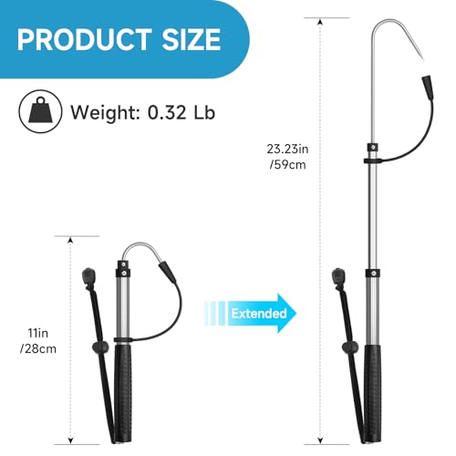 SANLIKE Telescopic Fishing Gaff, Aluminum Pole, Stainless Steel M8 Hook | Ultralight 4.62oz aluminum telescopic gaff (11.4"-24") with nonslip rubber handle, sharp stainless hook & safety lanyard - color: Grey, size: 60cm