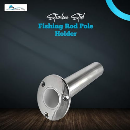 Marine City Heavy Duty Strong 316 Stainless-Steel Gloss Polished Finish Flush Mount Angled Fishing Rod Pole Holder with Drain 15 Degree