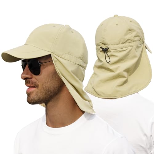 Zando Sun Hats with Neck Flap for Men UPF 50+ Waterproof Baseball Cap Adjustable Breathable Outdoor Hiking Fishing Hat - color: Beige