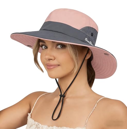 Sun Hat for Women Summer UV Protection Beach Hat Wide Brim Mesh Bucket Fishing Hat with Ponytail Hole Foldable Packable Hat - color: Pink(with Ponytail Hole)