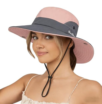 Sun Hat for Women Summer UV Protection Beach Hat Wide Brim Mesh Bucket Fishing Hat with Ponytail Hole Foldable Packable Hat - color: Pink(with Ponytail Hole)