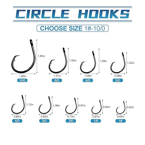 Circle Hooks Saltwater in-Line Wide Gap Fishing Hooks for Catfish 4X Strong High Carbon Steel Mustad Hooks for Tuna, Carp, Catfish,【1,1/0,2/0,3/0,4/0,5/0,6/0】-20pcs,【8/0】-12pcs,【10/0】-8pcs - size: 2/0-20pcs