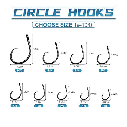 Circle Hooks Saltwater in-Line Wide Gap Fishing Hooks for Catfish 4X Strong High Carbon Steel Mustad Hooks for Tuna, Carp, Catfish,【1,1/0,2/0,3/0,4/0,5/0,6/0】-20pcs,【8/0】-12pcs,【10/0】-8pcs - size: 1#-20pcs