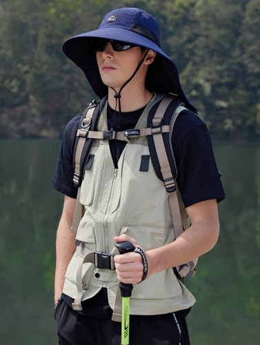 HUAMULAN Men Summer Sun Hat Women Safari Wide Brim Fishing Hats UV Protection Neck Flap Bucket Gardening Hiking Hunting Cap - color: Navy With Black Mesh